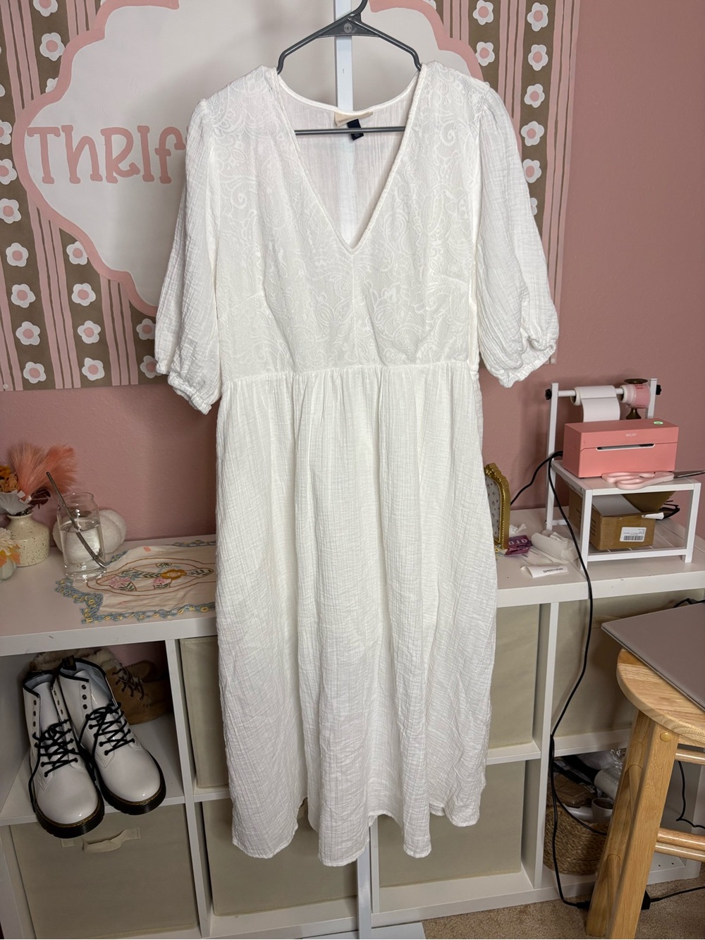 Women's White V-Neck boho Midi Dress